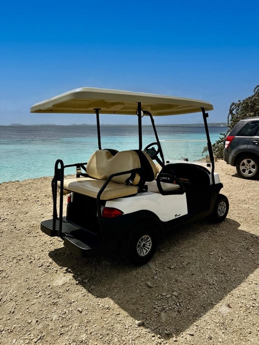Gezinsvriendelijke 4-persoons Club Car golfkar klaar voor avontuur, met het weelderige landschap van Bonaire op de achtergrond.