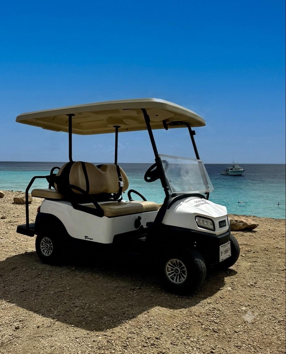 Elegante buitenkant van een 4-persoons Club Car golfkar met ruime zitplaatsen en robuust design.