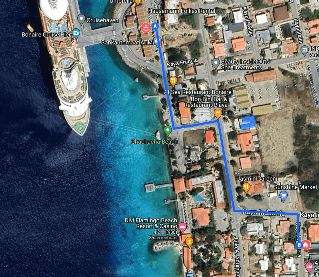 The routedescription from port to the golfcart rental bonaire cruise office